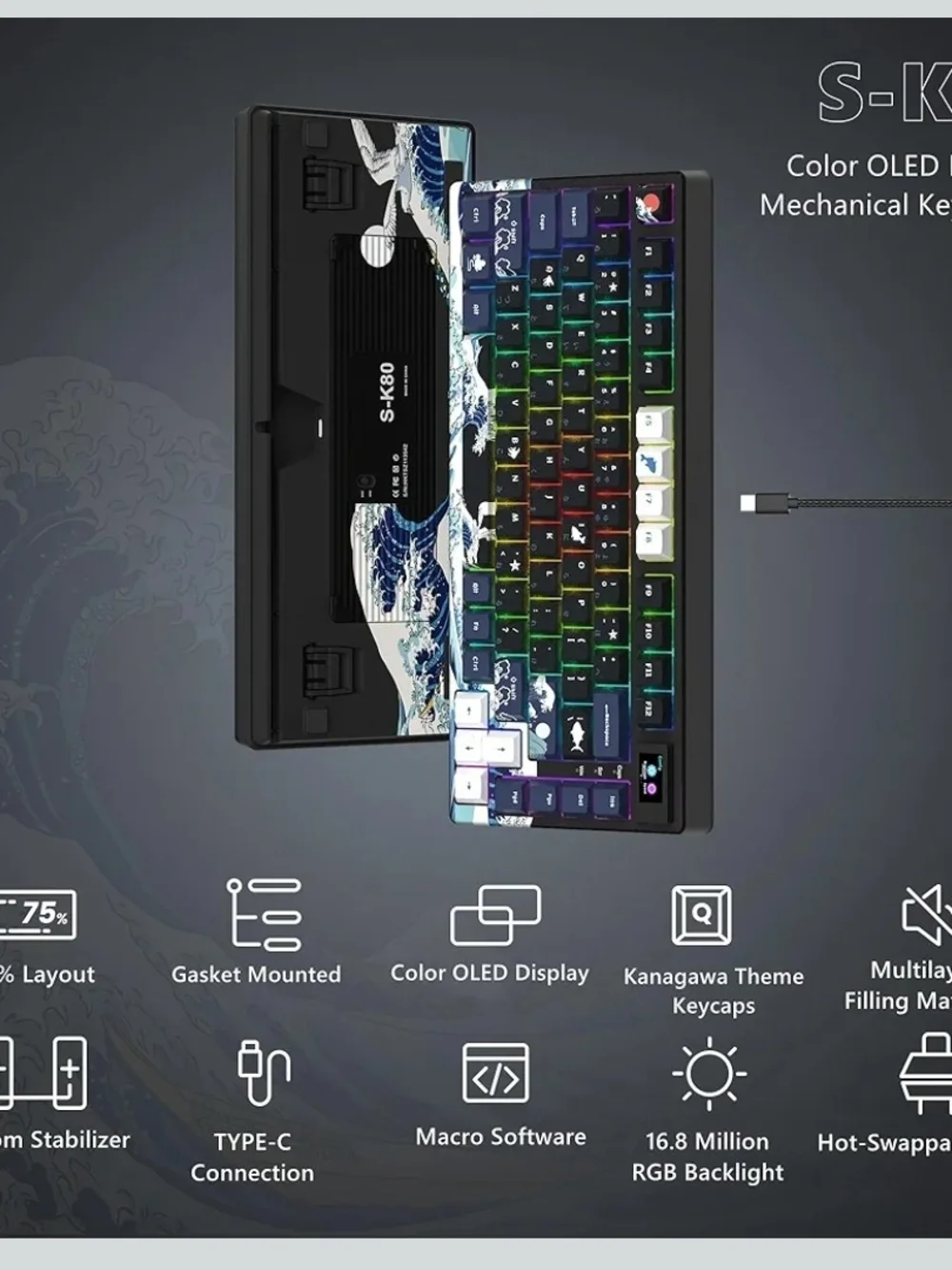 Womier SK80 75% Mechanical Keyboard RGB Hot Swap Gasket Wired Kanagawa
